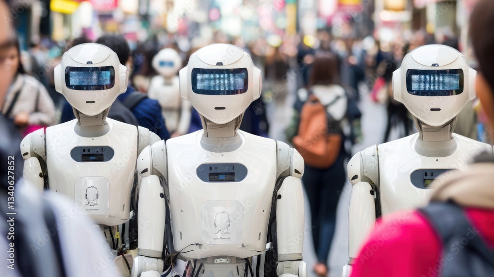 Poster two robots walking down a busy urban street representing the future of ai-powered zero-trust enforce