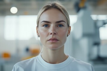 Focused caucasian young adult female in industrial setting