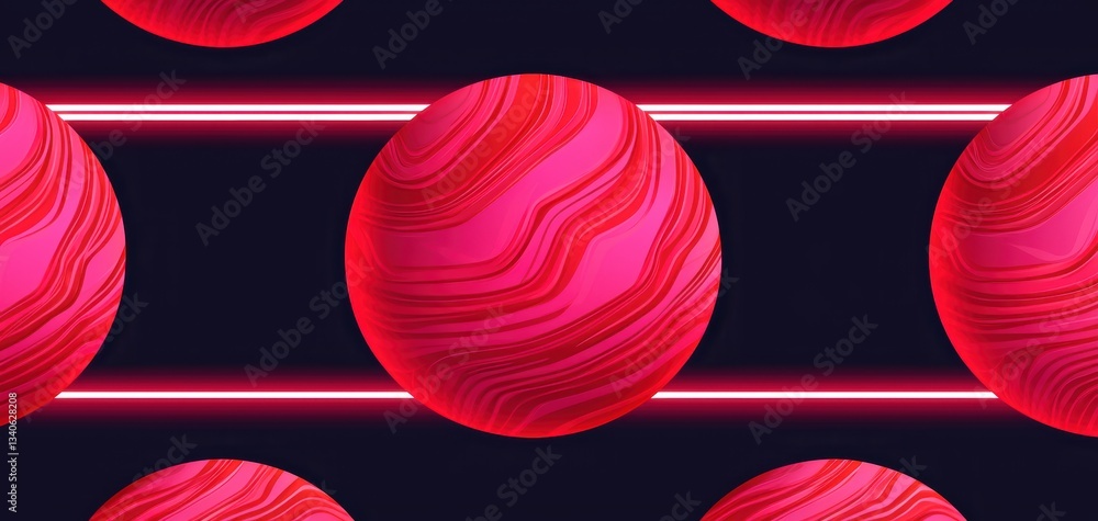 Aufkleber seamless tessellated orbiting artificial planets illuminated by neon grids, futuristic space pattern