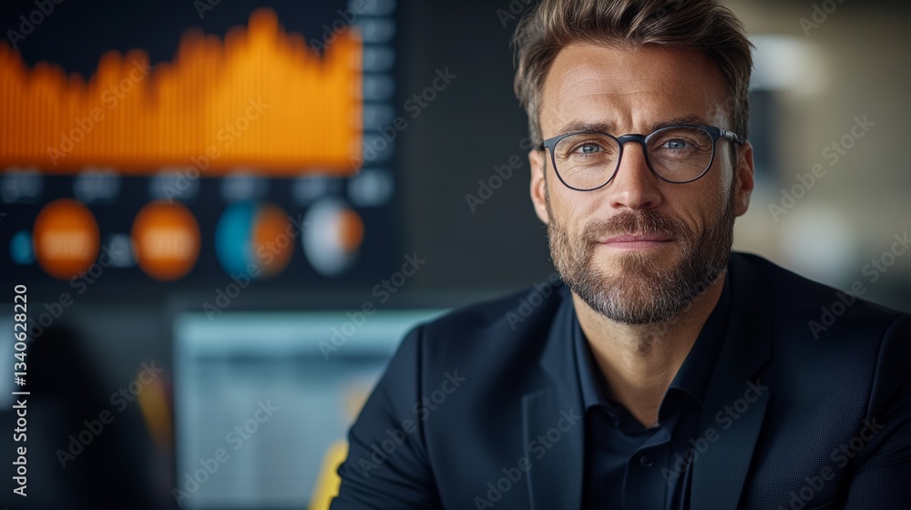 Poster man wearing glasses and a black suit is sitting in front of a computer monitor. he is looking at the