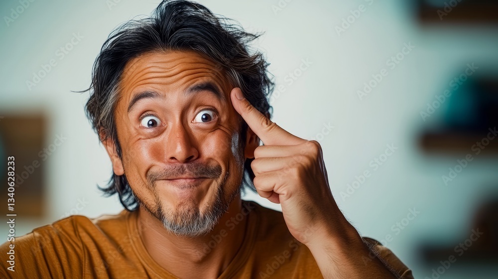 Poster man with a beard and a mustache is pointing his finger at the camera. he has a surprised look on his