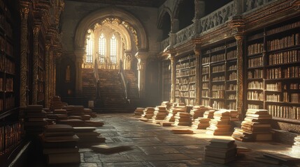 3D Render of an Ancient Indian Library Filled with Scrolls and Books in a Serene Atmosphere with Soft Lighting