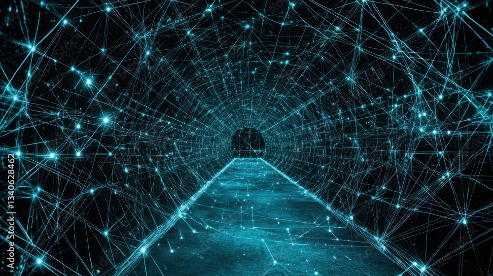 Poster futuristic tunnel of blue lights illustrating advanced ai integration and technology in a digital en
