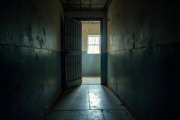 A prison cell door slightly ajar, revealing light pouring in.