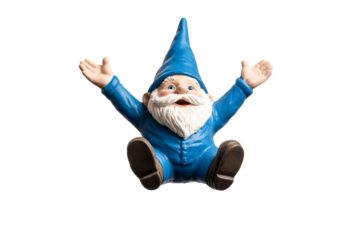 Blue gnome is sitting on the ground with his arms outstretched, isolated