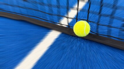 balls near the net of a blue paddle tennis court, sports courts