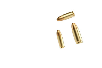 Three gold bullets are shown in the air, isolated