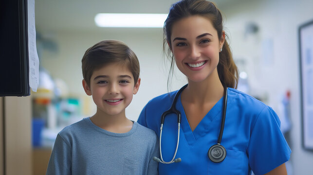 A smiling nurse with a young patient in a hospital. Celebrating World Nurses Day and healthcare dedication.