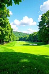 Lush green golf course, perfectly manicured fairways , rolling hills, golf club