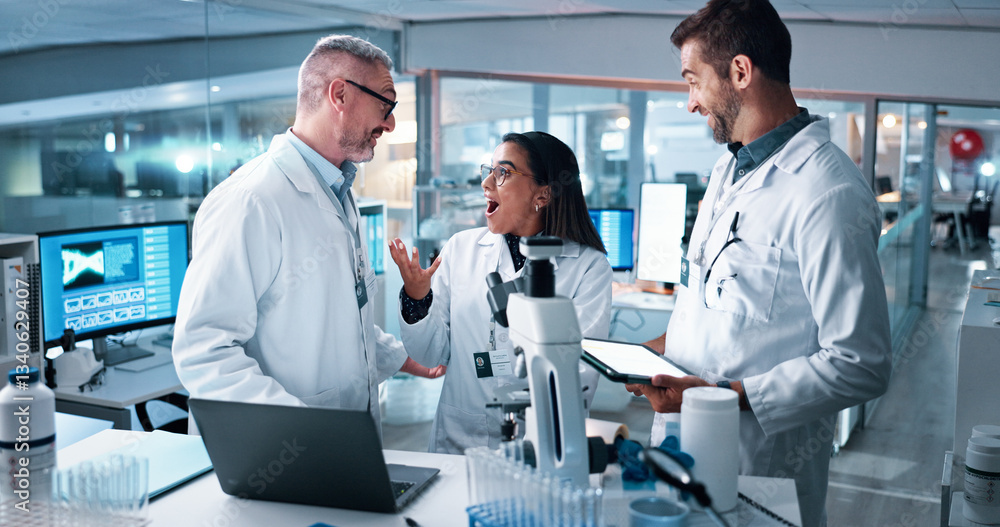 Poster collaboration, excited and science with people in laboratory together for breakthrough or developmen