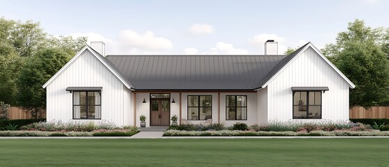 Serene Single Story White Farmhouse Residence with Gray Metal Roof and Well Groomed Lawn View