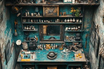 Aerial View of Unique Indian Barber Shop Displaying Tools, Products, and Decor in Vibrant Teal Color Palette