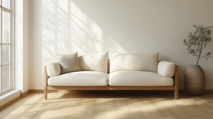 Minimalist living room with modern white sofa and large vase on hardwood floor