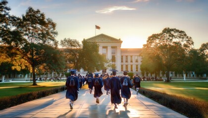 Obraz premium A time-lapse of students moving through a busy campus, from freshmen to graduates, capturing the passage of time and the evolution of academic journeys. 