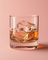 A close-up of a glass filled with amber liquid and ice cubes set against a soft pastel pink background, creating a modern and elegant atmosphere perfect for beverage marketing.