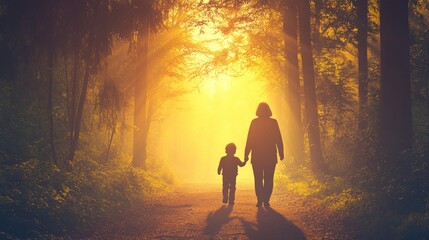 Fototapeta premium Golden Hour Walk: A Mother and Child's Journey Through a Sunlit Forest