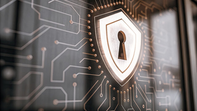 Close-up of a glowing shield icon on a digital screen, symbolizing cybersecurity and protection, with binary code and network connections in the background. Digital security and data protection - Powered by Adobe