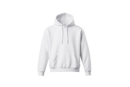 White hoodie with a hood is displayed on a white background, isolated