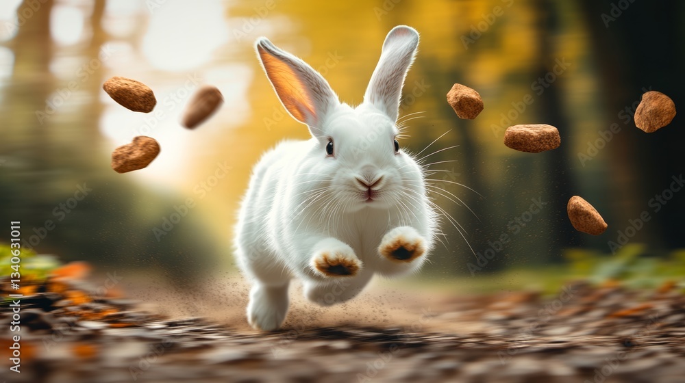 Poster rabbit is running through the woods with a pile of food in the air. the rabbit is white and he is in