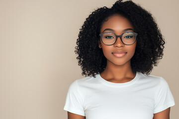  A stunning young Black woman with voluminous natural curls, wearing stylish glasses and a white t-shirt, exuding confidence and grace with a serene expression against a warm, neutral background.