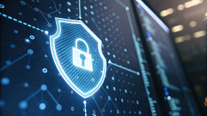 Close-up of a glowing shield icon on a digital screen, symbolizing cybersecurity and protection, with binary code and network connections in the background. Digital security and data protection