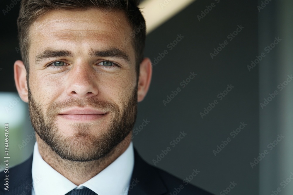 Poster man with a beard and a suit is smiling