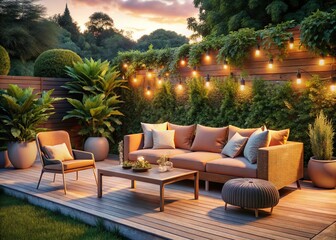 Peaceful Peach & Apricot Outdoor Lounge, Solar Lit Garden Oasis