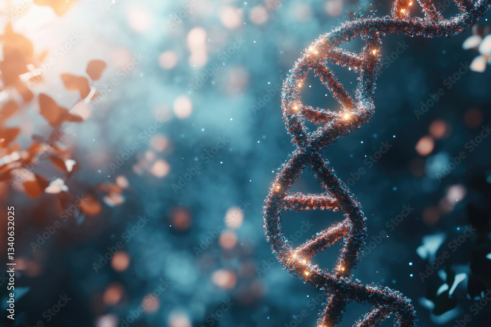 Poster futuristic digital visualization of a glowing dna double helix floating in cosmic space,representing