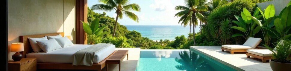 Modern bedroom in tropical pool villa, green view , pool, modern