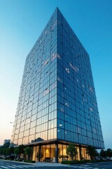 Modern glass office building against vibrant blue sky, clear, building