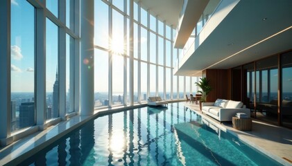 Modern high-rise, azure windows, sunlit leaks , complex, concrete