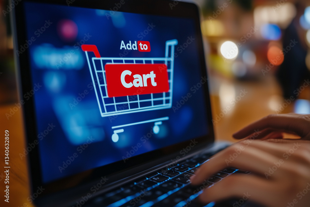 Poster laptop screen shows a shopping cart icon with the words 