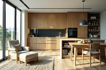 Fototapeta premium Modern living space, integrated kitchen appliances, minimal, integrated