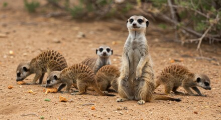 Meerkat Family Grouping Together on Sandy Ground Foraging and Standing Alert