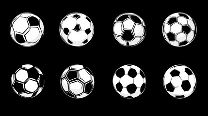 Set of eight black and white soccer ball designs on black background