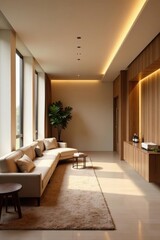 Modern wellness center quiet lounge; plush seating, soft lighting, style, shapes