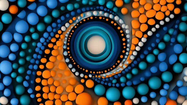 Colorful abstract spiral pattern with orange and blue spheres in dynamic motion