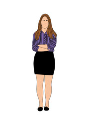 Young business woman wearing formal office outfit. Pretty female character in black skirt and striped shirt. Attractive lady cartoon outline Vector illustration isolated on transparent background.