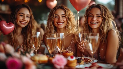 Joyful Galentine's Day Celebration with Friends Enjoying Brunch and Toasting with Champagne