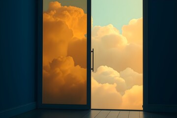 Sliding glass door opens to reveal a surreal vista of fluffy, golden clouds against a turquoise sky. Room is dim, creating a dreamlike atmosphere