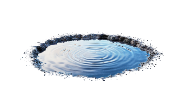 a puddle of water with ripples on the surface isolated on white or transparent background