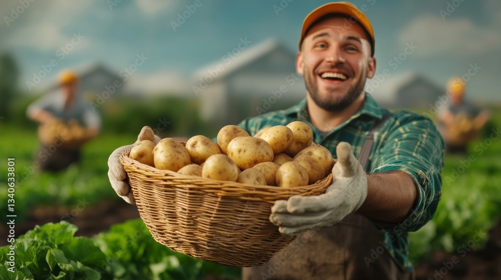 Poster man is holding a basket full of potatoes in a field. he is smiling and he is happy