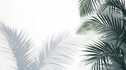 Wall with palm leaf shadow on white background. Background with copy space for advertising template.