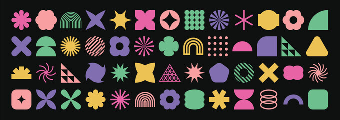 Collection of geometric graphic elements. Brutalist style abstract shapes. Retro design. Vector illustration