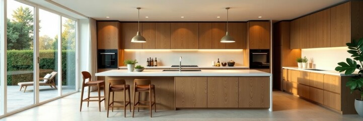 Open concept kitchen, wood cabinets, pendant lighting, large island, house, lighting