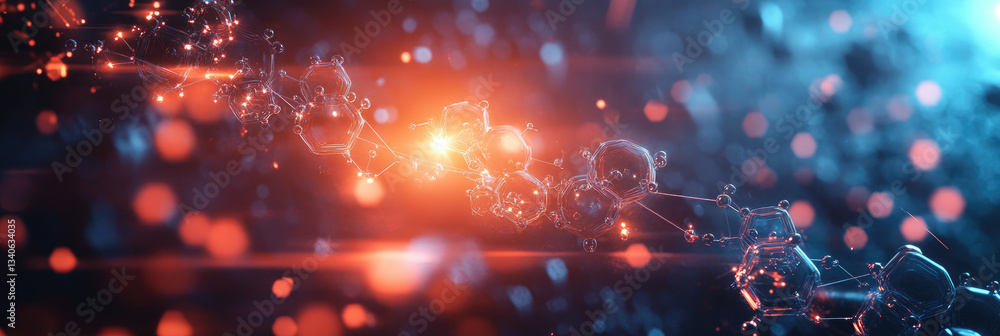 Poster futuristic digital visualization of a glowing dna double helix floating in cosmic space,representing