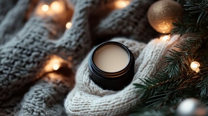 Chic moisturizing lip balm nestled among cozy scarves and pine branches, creating winter elegance