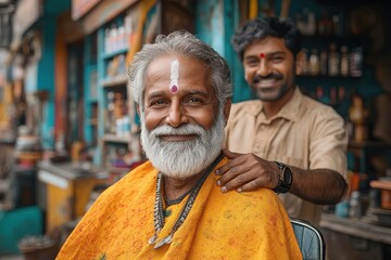 Candid Capture of an Indian Barber Providing Relaxing Service to a Smiling Elderly Customer in Traditional Setting
