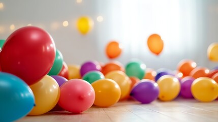 Fototapeta premium Bunch of colorful balloons scattered on the floor. The balloons are of different colors and sizes, creating a vibrant and lively atmosphere. The scene suggests a celebration or a festive event