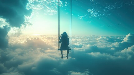 Dreamlike scene of female silhouette swinging above clouds in surreal sky